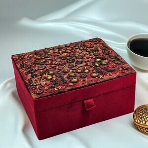 Red Satin Sequin Jewelry Box with Mirror Glam Vanity Organizer Boho Decor